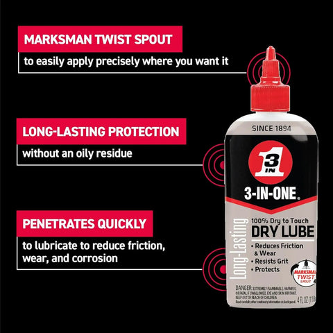 Dry Lube Drip Oil For Tools And Gear Pro Grade, 100 Percent Dry To Touch, Quick Dry Lubricant, 4 Oz Bottle with Marksman Spout