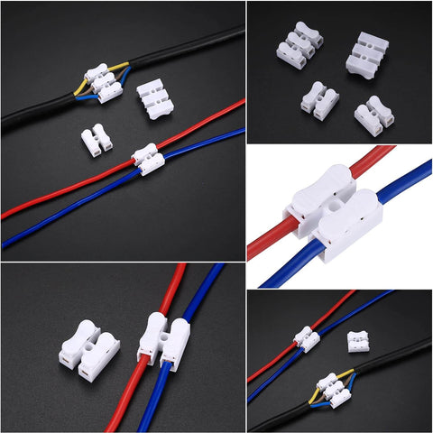 65 Piece Spring Wire Connector Set With Push In 2 Pin Quick Terminals for Electrical Projects shown with wires