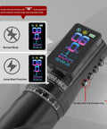 Cordless Tattoo Gun With 2300mAh Battery showing smart display with jump-start and normal modes, black color