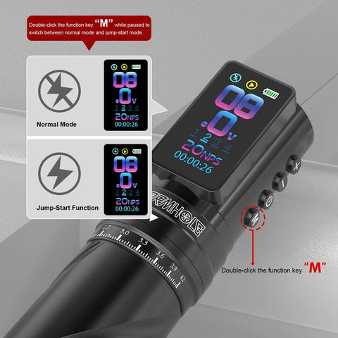 Cordless Tattoo Gun With 2300mAh Battery showing smart display with jump-start and normal modes, black color