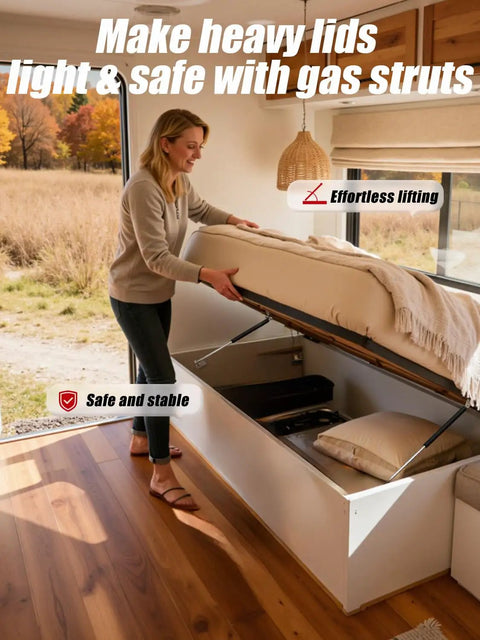 Woman lifting RV bed with 20 Inch Gas Struts With Brackets, 100 Lb Lift, 445N Heavy Duty Lift Support For RV Beds, Trailer Doors, And Storage Lids