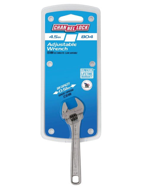 Retail packaging of 4 Inch Adjustable Wrench Built Tough With Large Jaw Capacity And Thin Access Design Chrome Vanadium Steel Polished Finish.