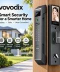 Heavy Duty Smart Lock With Slick Face And Fingerprint Scanner Keypad Deadbolt on front door with user interface details.
