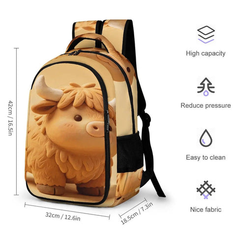 Kawaii Mini Cow Clay Art Printed Backpack For Everyday Use, unisex daypack with durable zipper and breathable fabric, 16.5in tall