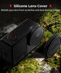 Silicone lens cover for All In One ND Filter Kit For DJI Osmo Action 6, shown next to action camera on mossy surface.
