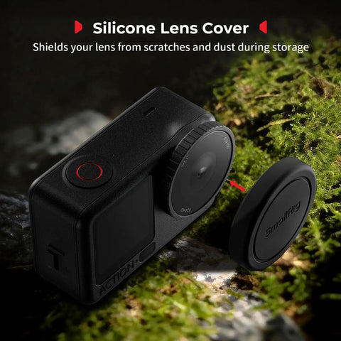 Silicone lens cover for All In One ND Filter Kit For DJI Osmo Action 6, shown next to action camera on mossy surface.