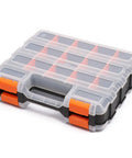 Double Sided Tools Organizer With Removable Dividers, 34 Compartment Hardware Box for screws nuts, black and orange case.