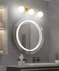 Slick Gold Vanity Light Fixture Three Light Mid Century Modern Bathroom Wall Sconce With Milky Glass Globe, 24 Inch Long, mounted above mirror
