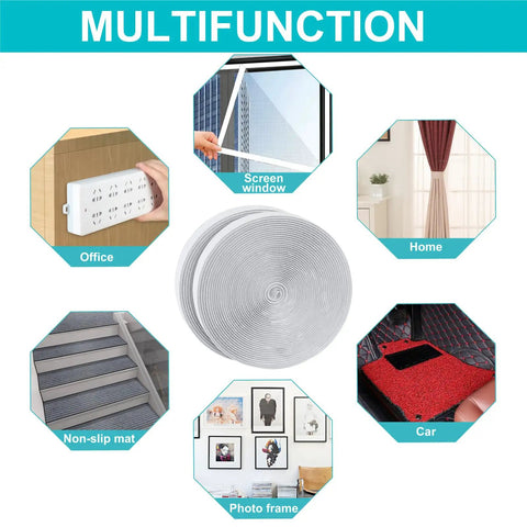 Multifunctional heavy duty hook and loop tape, 30 ft x 1 inch, used for securing gear in office, home, and outdoors.