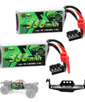 Two Pack 7.4V 360mAh LiPo Battery 2S With PH2.0 Plug And Aluminum Side Plate For RC Cars And Crawlers, shown with Axial SCX30