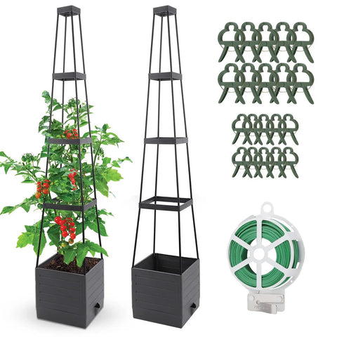 Two Pack Raised Garden Bed Planter Boxes With Trellis, 58.3 Inch Tall For Climbing Tomatoes And Vines, Self Watering System