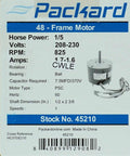 Condenser Fan Motor Replacement For Carrier HC37GE210 1/5 HP 825 RPM 208-230V TE Ball Bearing Direct Replacement specs