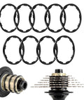 9 Pcs Bike Cassette Spacer Kit Aluminum Alloy Flywheel Washers Six Thicknesses For 7 8 9 10 11 Speed Cassettes displayed with bike hubs.