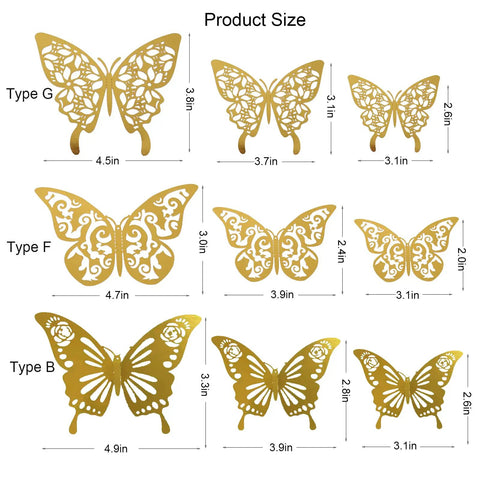 180 Pcs 3D Butterfly Wall Decor Kit In Gold Silver Rose Gold With 3 Styles And 3 Sizes Removable Wall Decals size chart