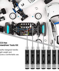 Pro RC Hex Driver Set 7Pc Hex Allen Screwdriver Kit displayed with size labels and RC car components