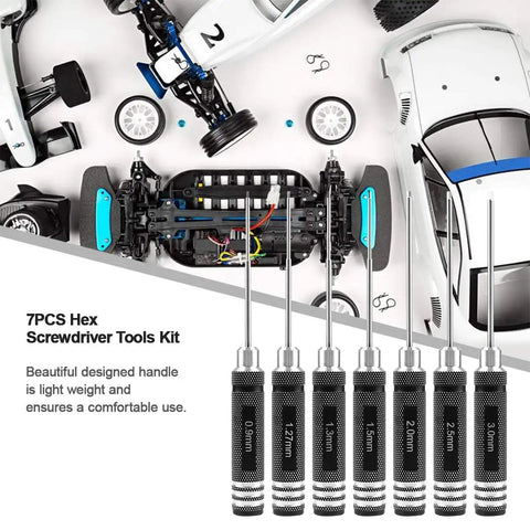 Pro RC Hex Driver Set 7Pc Hex Allen Screwdriver Kit displayed with size labels and RC car components