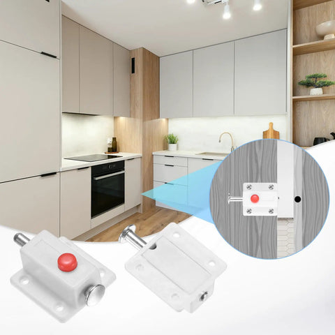 Push Button Spring Loaded Latch Four Pack White Quick Release Cabinet Catch Door Hardware For Drawers Cupboards Toolboxes And Storage Trunks No Sweat Setup Snappy Release Pretty Darn Secure Locking in modern kitchen setting with focus on installation.