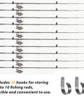 Wall And Ceiling Mounted Fishing Rod Holder Rack Holds Up To 10 Rods With 20 Hooks Space Saving Gear Organizer For Garage Or Workshop Easy To Install And Configure Great Gift For Anglers, shown with rods.