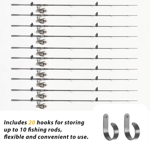 Wall And Ceiling Mounted Fishing Rod Holder Rack Holds Up To 10 Rods With 20 Hooks Space Saving Gear Organizer For Garage Or Workshop Easy To Install And Configure Great Gift For Anglers, shown with rods.