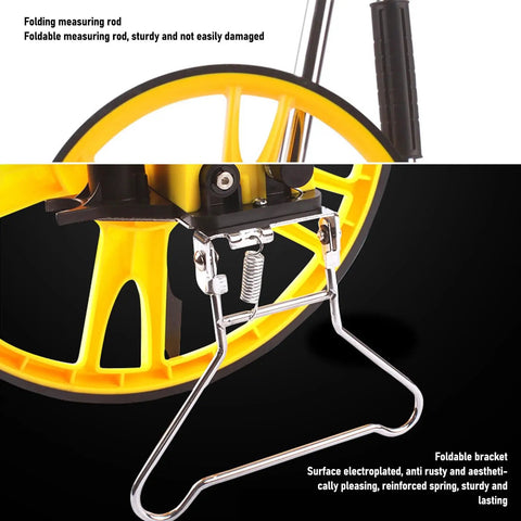 No Sweat Telescopic Digital Measuring Wheel with Ergonomic Grip, foldable rod and bracket for easy transport and storage.
