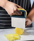 Crinkle cutter with blue handle and yellow accents; stainless steel ribbed blade for crinkle-cut veggies