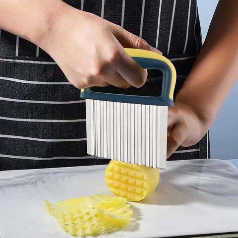 Crinkle cutter with blue handle and yellow accents; stainless steel ribbed blade for crinkle-cut veggies
