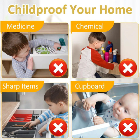 Childproofing home with RFID NFC Smart Cabinet Lock With Bluetooth App for hidden drawers and cabinets, keeping children away from hazards.