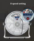 Heavy Duty 21 Inch High Velocity Electric Floor Fan Built Different With Eight Crank Speeds And Rugged Steel Blades showing speed settings and control panel.