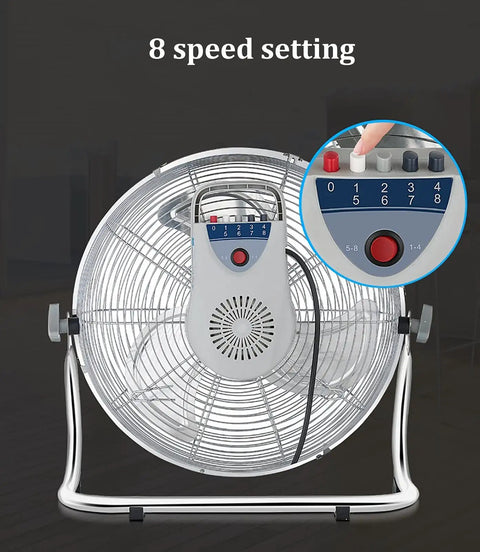Heavy Duty 21 Inch High Velocity Electric Floor Fan Built Different With Eight Crank Speeds And Rugged Steel Blades showing speed settings and control panel.