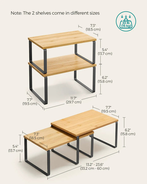 No Sweat Set Of Two Cabinet Organizer Shelves: different sizes shown, engineered wood and metal, ideal kitchen spice rack.