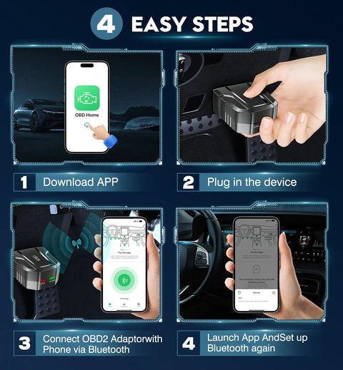4 easy steps to use Bluetooth Wireless Car Diagnostic Tool For iOS And Android With Live Data, Code Reader, 9 protocols, fault clearing