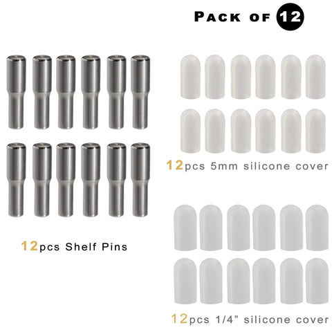 Heavy Duty Stainless Steel Shelf Pegs And Pins 5mm And Quarter Inch Dual Diameter One Inch Long Rust Proof Cabinet Support Clips Pack Of 12 with silicone covers.