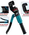 Heavy Duty Hydraulic Crimping Tool And Cable Cutter Kit with anti-slip handle, return spring, and die guide features.