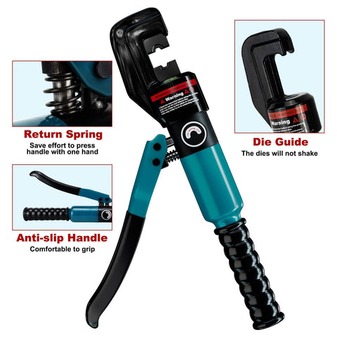 Heavy Duty Hydraulic Crimping Tool And Cable Cutter Kit with anti-slip handle, return spring, and die guide features.