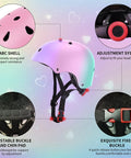 All Ages Kids Helmet For Boys And Girls Lightweight Ventilated Safety Gear For Bike Scooter Inline Skates And Skateboarding With Impact Resistance And Adjustable Fit A Cool Gift For Toddlers Through Teens shown with features like ABC shell, adjustable system, buckle, and pads.