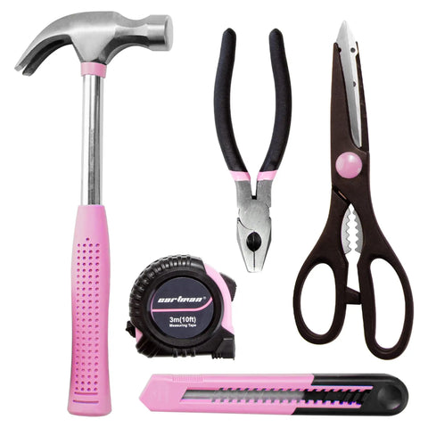 Light Pink Go To Home Tool Set Kit With Storage Case For Easy DIY Fixes Hammer Pliers Screwdrivers Tape Measure And More Chrome Plated Corrosion Resistant Hand Tools Ready To Tackle Small Projects including hammer, pliers, scissors and cutter.