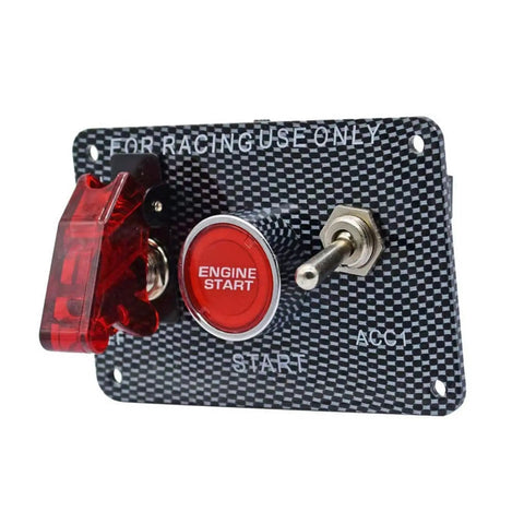 3 In 1 Universal 12V Racing Ignition Switch Panel with Red Start Button and On Off Toggle for Race Car Boat Truck, carbon fiber design