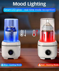 On Point Desktop Drink Chiller And Warmer with LED mood lighting, blue cooling and red heating modes on a wooden table.
