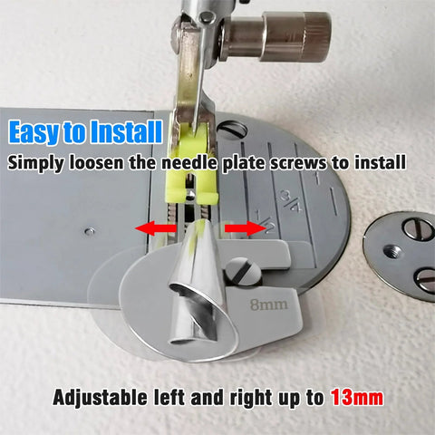 TOOVREN rolled hemmer foot set for sewing machine; metal, four feet (7/8/9/10 mm), adjustable left-right up to 13 mm.