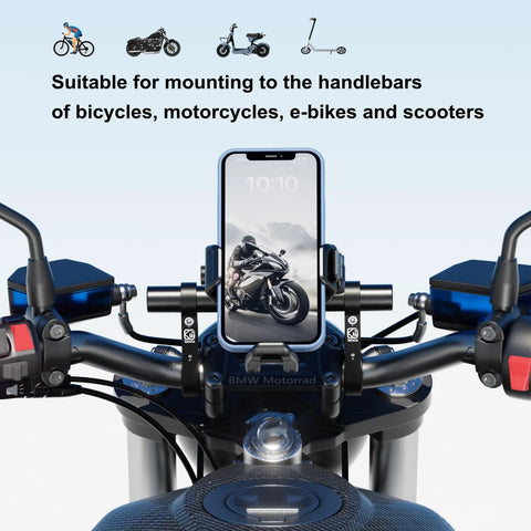 Handlebar Extender 8 Inch Cross Bar For Mounting Bike And Motorcycle Accessories Like Phone Holder GPS Navigation Action Camera And Extra Lights For Safer Hands-Free On The Go attached to motorcycle handlebars with phone
