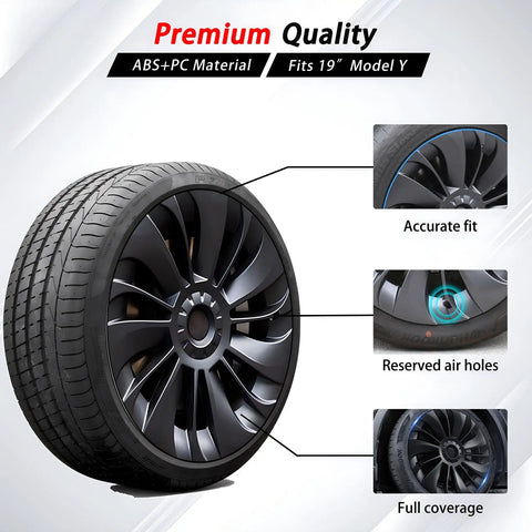 Snag These Fresh Multi Spoke Wheel Covers For Tesla Model Y 19 Inch Hubcaps 2020 To 2024 Four Piece Set showing matte black wheel cover details.