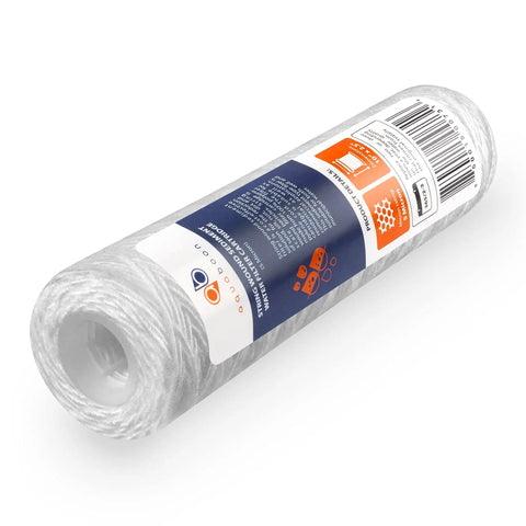 Close-up of 5 Micron 10 Inch By 2.5 Inch String Wound Sediment Water Filter Cartridge Replacement For Whole House Well Water Filtration System WHKF WHSW Four Pack, showing packaging and texture.