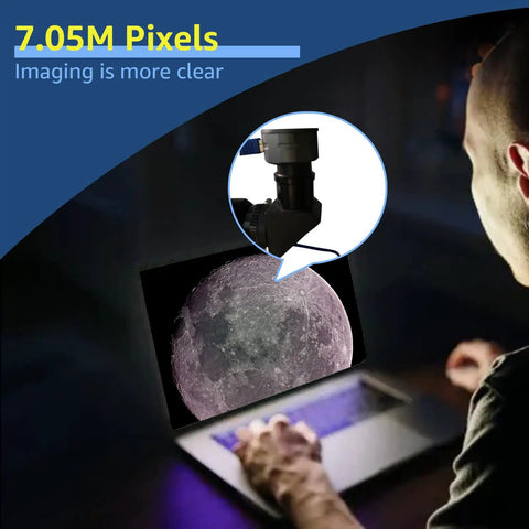Astrophotography Camera For Beginners With 7.05MP IMX415 Sensor USB 3.0 showing Moon image on laptop in low light setting.