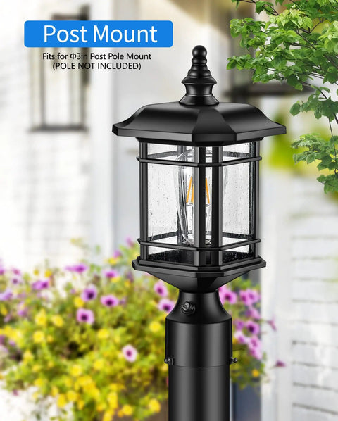 Dusk To Dawn Outdoor Post Light Black Finish Hardwired 120V Lantern With Pier Mount Base For Patio And Garden Waterproof