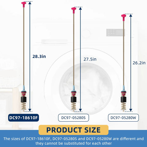 Premium Quality Top Shelf Suspension Rod Kit Replaces DC97-18610F For Samsung Washer, sizes shown: 28.3in, 27.5in, 26.2in.