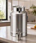 Heavy Duty 304 Stainless Steel Milk Can And Water Jug With Secure Airtight Lid Freestanding Drink Dispenser on kitchen counter.