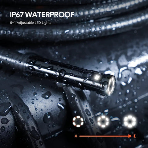 Close-up of an IP67 waterproof 50 Foot Sewer Inspection Camera with dual lens endoscope and lights for wall drains and auto repairs.
