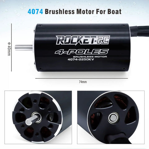 Brushless RC Boat Motor 4074 2250KV with cooling set, 4-pole design, 40mm diameter, 74mm length, black aluminum housing.