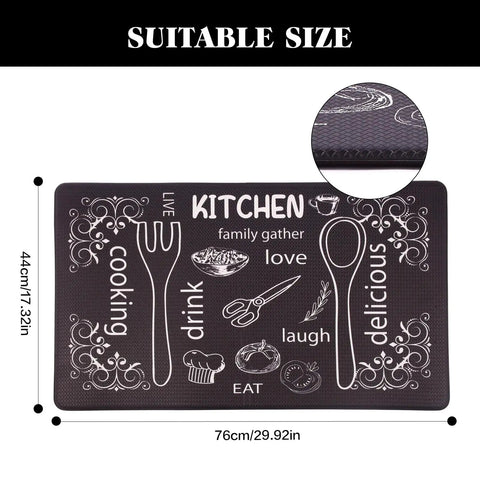Washable Anti Fatigue Kitchen Mat 17 By 29 Inch Cushioned Foam Runner With Non Slip Ergonomic Comfort featuring kitchen utensils and text design.