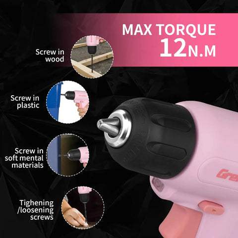 Pink Cordless Drill Kit With Three-Eighths Inch Keyless Chuck, 23-Piece Accessory Set, shown with different material uses